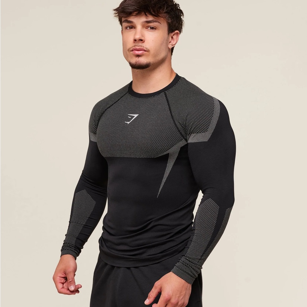 Gymshark Onyx 5.0Seamless Compression Shirt XS Black/LightGrey long Sleeve New